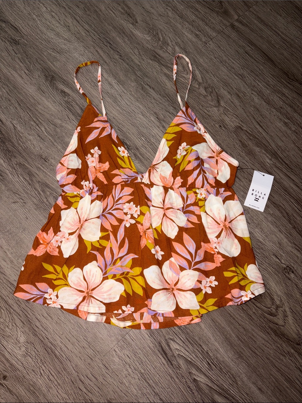 Billabong Carefree Cami Floral V-Neck Spaghetti Strap Camisole Brown/Orange/Pink